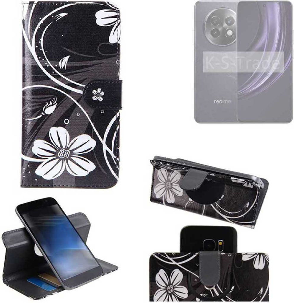 K-S-Trade Schutzhülle Handyhülle kompatibel mit Realme 13 5G Hülle 360° Wallet Case “Flowers“ Klapphülle Hülle schwarz-weiß 1x