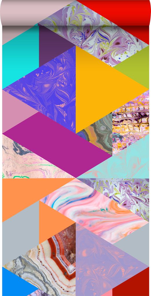 ESTAhome XXL-Vliestapete Dreiecke in Marmoroptik Gelb, Blau, Rosa und Grün 50 x 900 cm