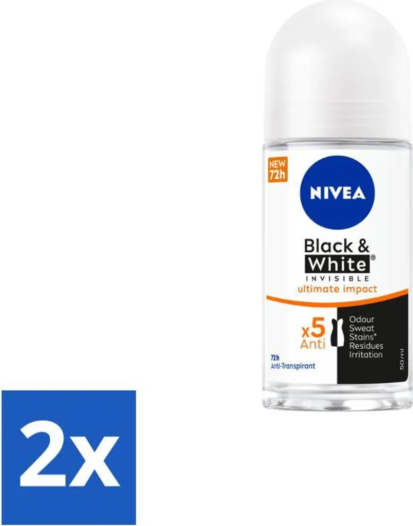 NIVEA - Deodorante Roller - Black & White Ultimate Impact - antitraspirante 72 ore - 50 ml - Value pack - 2 pezzi