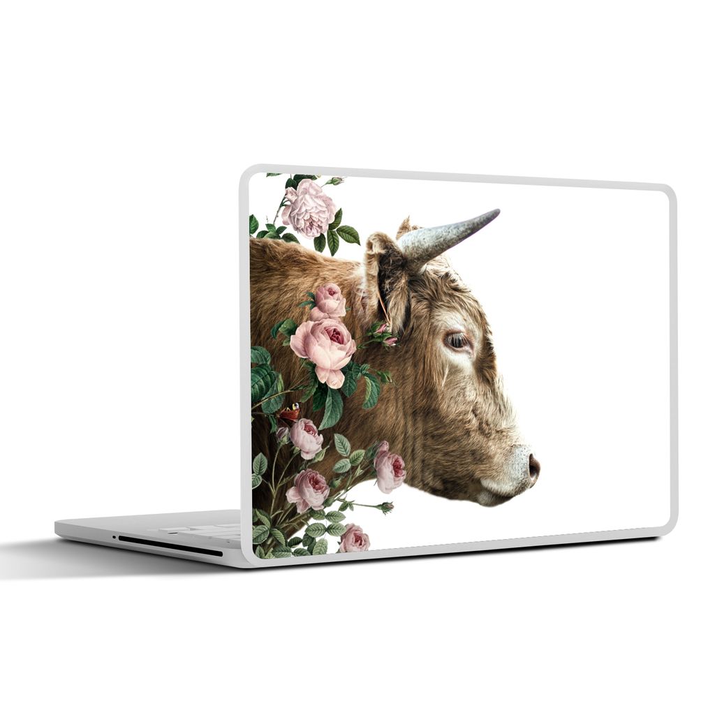 MuchoWow Laptop Aufkleber Sticker Cover Schottischer Highlander - Blumen - Rosa - Weiß 30x22 cm - Laptop-Sticker
