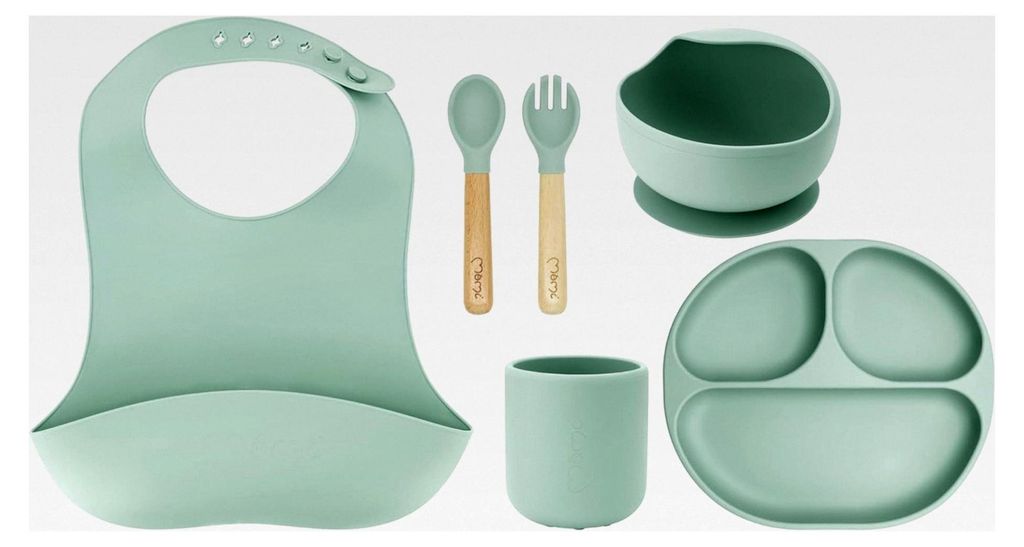 Kindergeschirr mit Essbesteck AMI, 6-teiliges Set: Lätzchen, Löffel, Gabel, Teller, Schüssel 360 ml, Becher 180 ml, aus Silikon, spülmaschinenf...