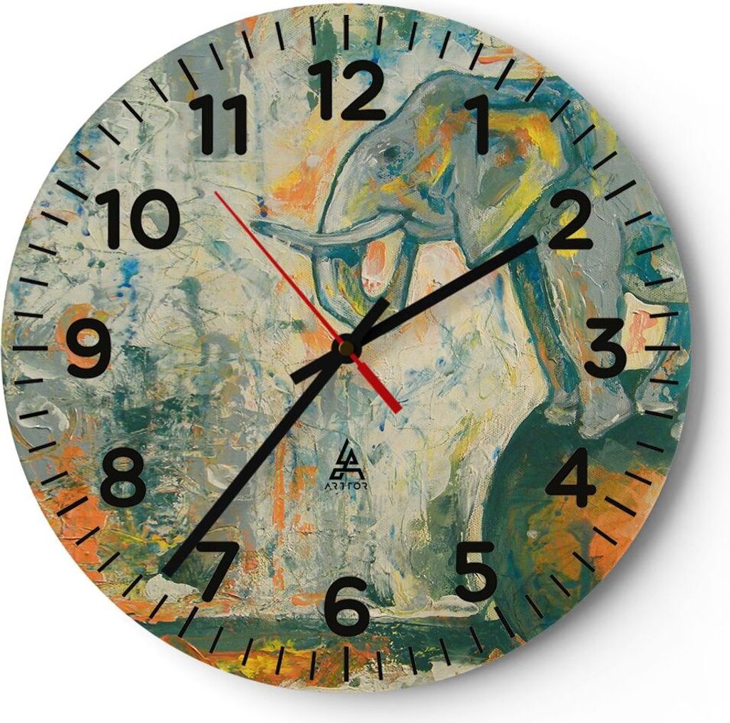 Wanduhr - Rund - Glasuhr - Elefant Abstraktion - 30x30cm - Schleichendes Uhrwerk - Lautlos - zum Aufhängen bereit - Dekoration Modern - Wanddekora...