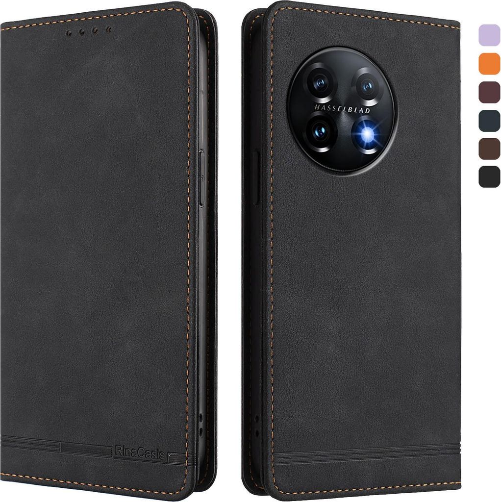 Hülle für OnePlus 11, Retro Kunstleder Ständer Klapphülle mit Kartenfächer und Magnetische Schwarz