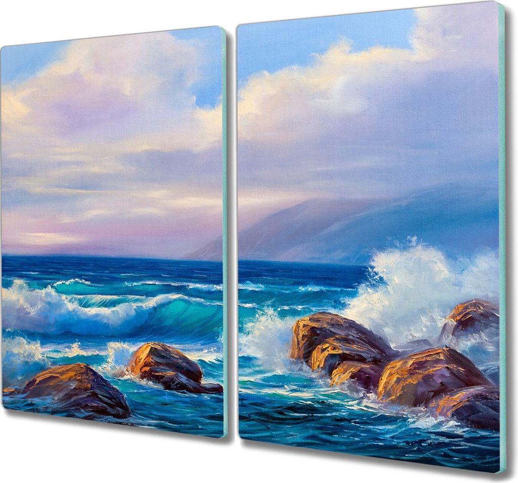Coloray Kochplattenabdeckung Herdabdeckplatte 2x30x52 cm Hackbrett Schneidebrett Küchenbrett - Ozeanwellen Felsen Wolken