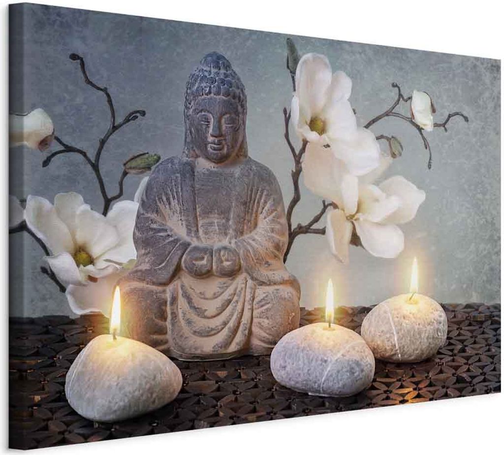 Italienischer Leinwand Leinwandbild - Buddha and Stones (1 Part) Wide 30x20 cm Orient p-B-0041-b-a