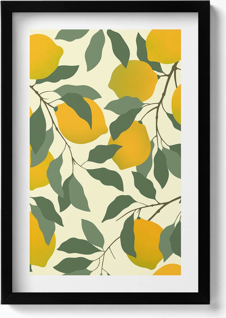 Illustration für die sizilianische Zitronenküche– Wandbild mit Rahmen – Gerahmtes Bild – Wanddekoration – 40x60 cm – Schwarz