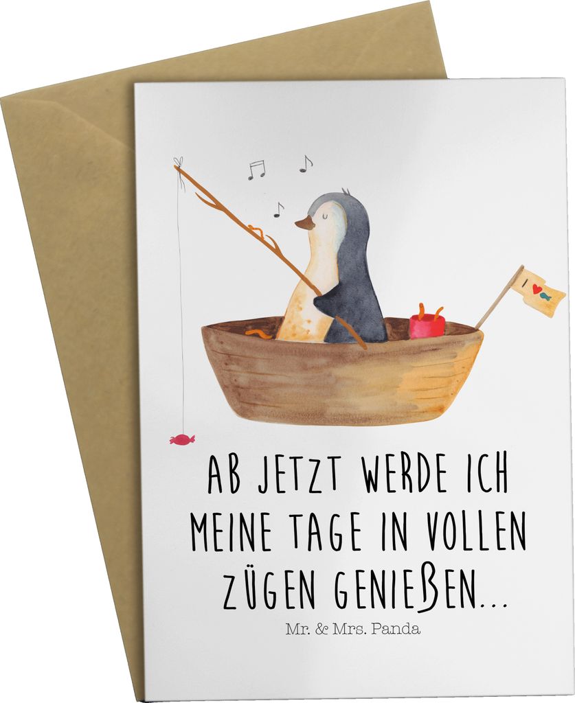 Mr. & Mrs. Panda Grußkarte Pinguin Angelboot - Weiß - Geschenk, Angeln, einladungskarten, weihnachtskarten, hochzeitskarten, Genießen, Neustart,...
