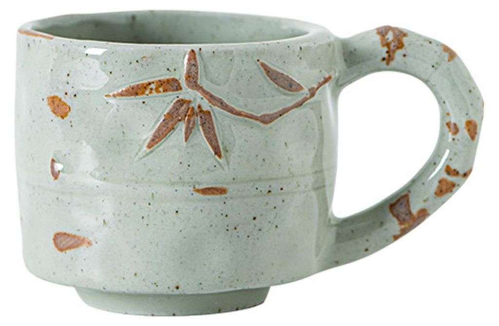 Handgefertigte Keramik-Kaffeetasse mit Rosen- und Bambusblattmuster, 290 ml, rustikale Textur, mikrowellengeeignet, stapelbar, Geschenk für Kaffee...