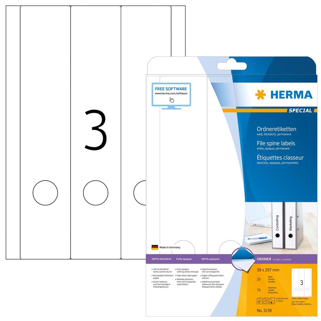 HERMA Ordneretiketten A4 weiß 59x297 mm Papier opak 75 St.