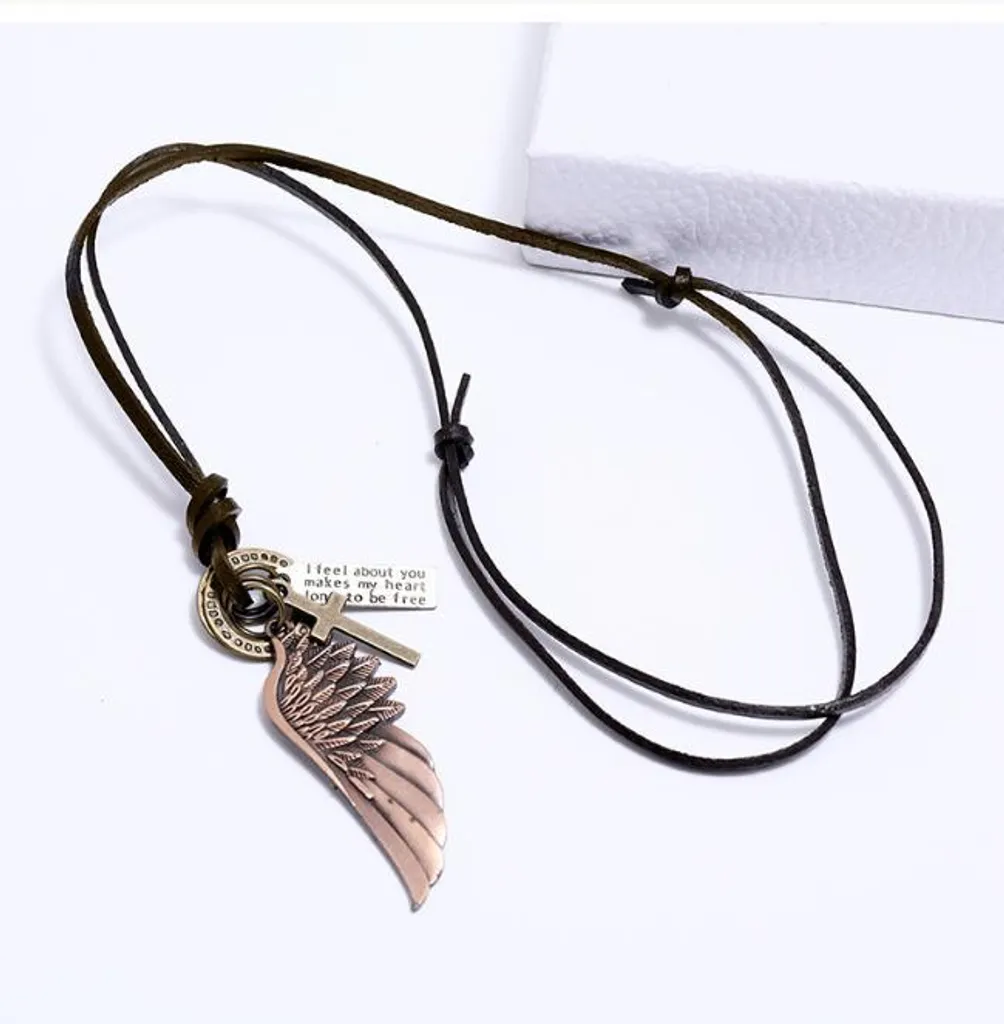 Collier homme cuir anti-allergie avec pendentif aile cuivre résistant - 2