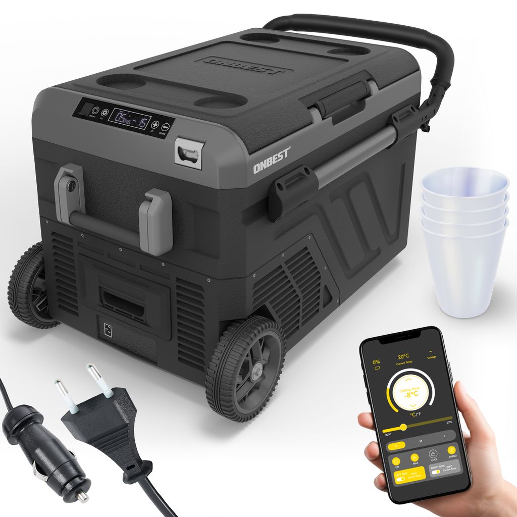 ONBEST Kompressor Kühlbox | 40L | 12V | 230V | mit App-Steuerung | Touchdisplay | Rollen | USB-Anschlüsse | LED | 4 x Trinkbecher
