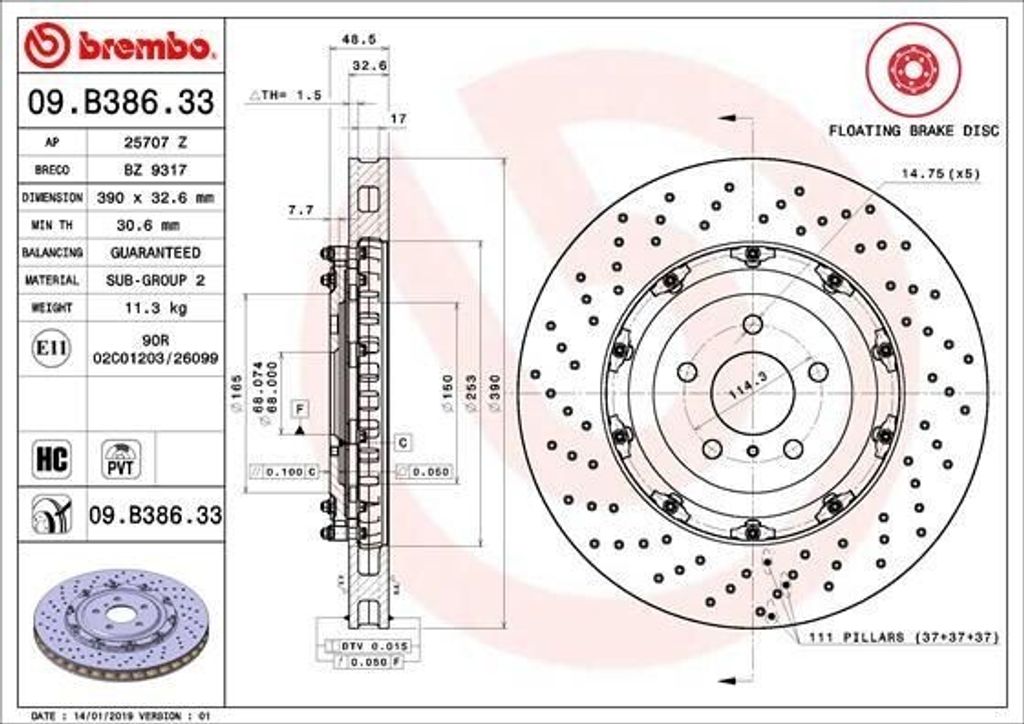 BREMBO 09.B386.33 - OE 4020662B0A Bremsscheibe für GT-R (R35)