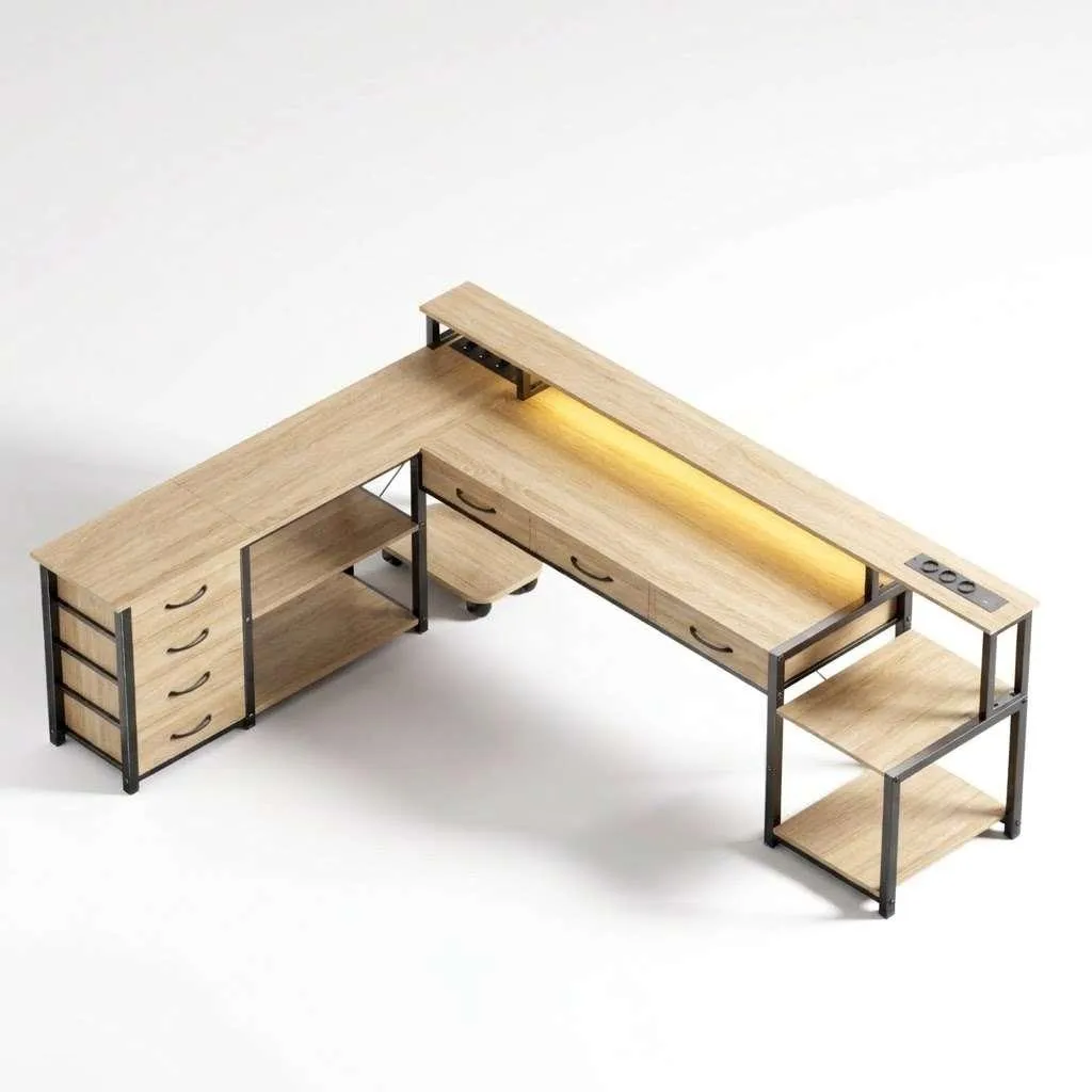 Bureau de télétravail spacieux 200cm beige pour double écran et LED