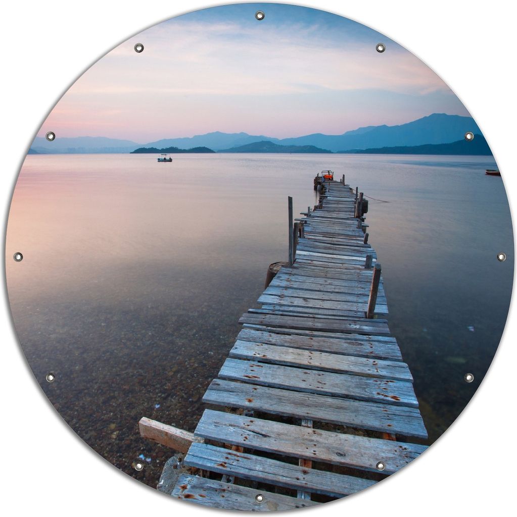 Wallario rundes Outdoor-Poster für Garten oder Balkon, Motiv Steg am See- Idylle bei Sonnenuntergang, 120 cm Durchmesser