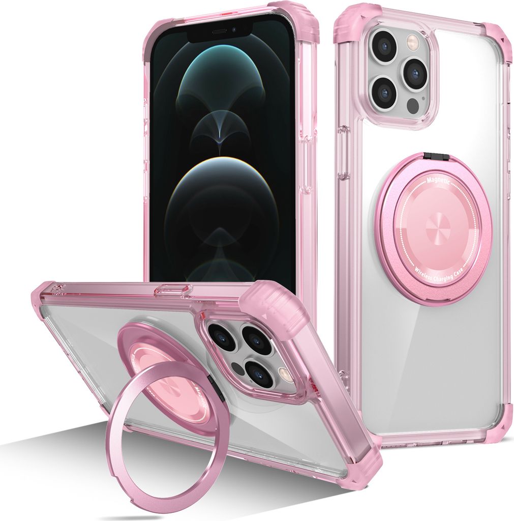 Handyhülle für iPhone 12 / iPhone 12 Pro Magnetisches Ringhalter Ständer Kompatibel mit Magsafe Militärschutz Transparente Hülle Pink