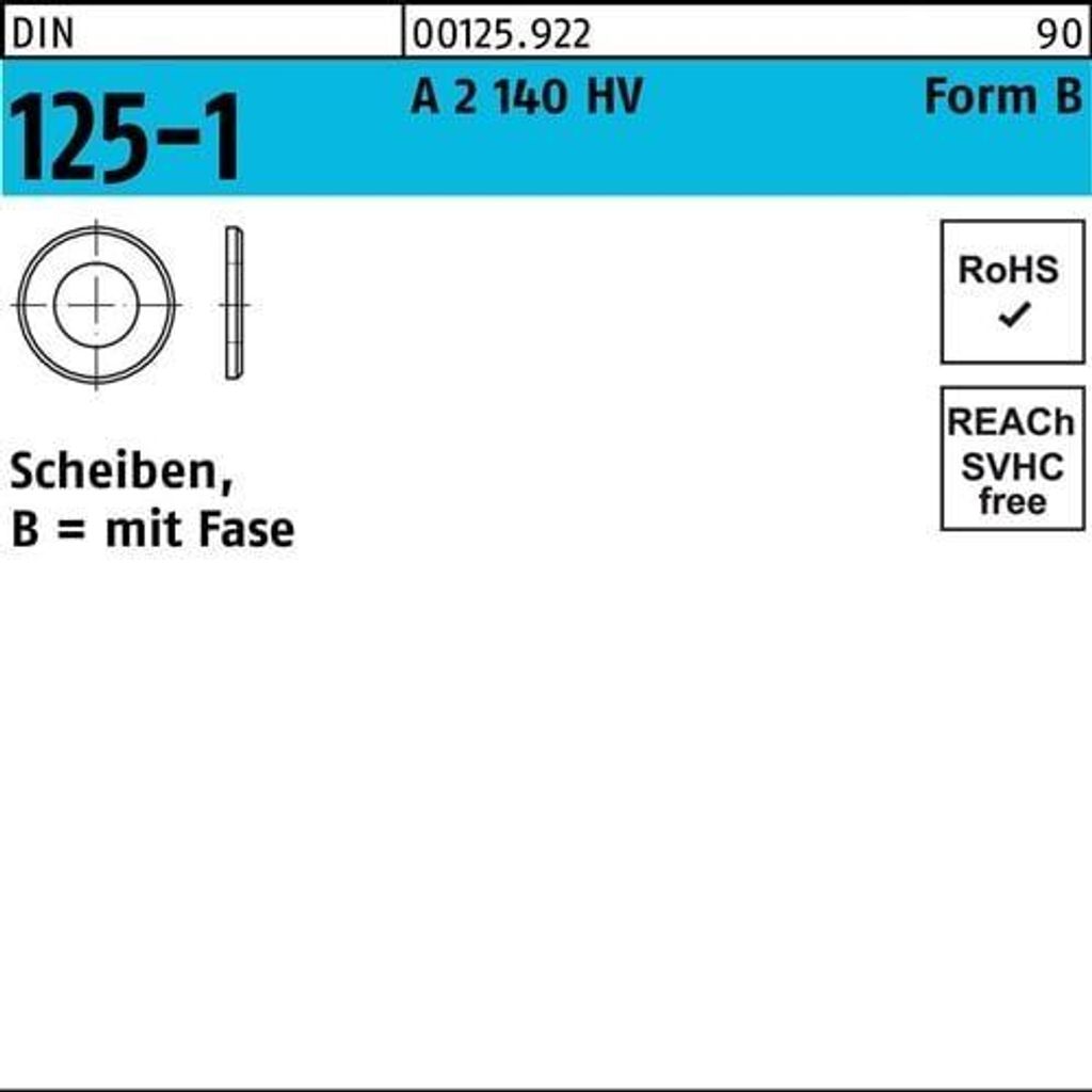 Unterlegscheibe DIN 125-1 Form B 6,4 x12 x1,6 A 2 140 HV