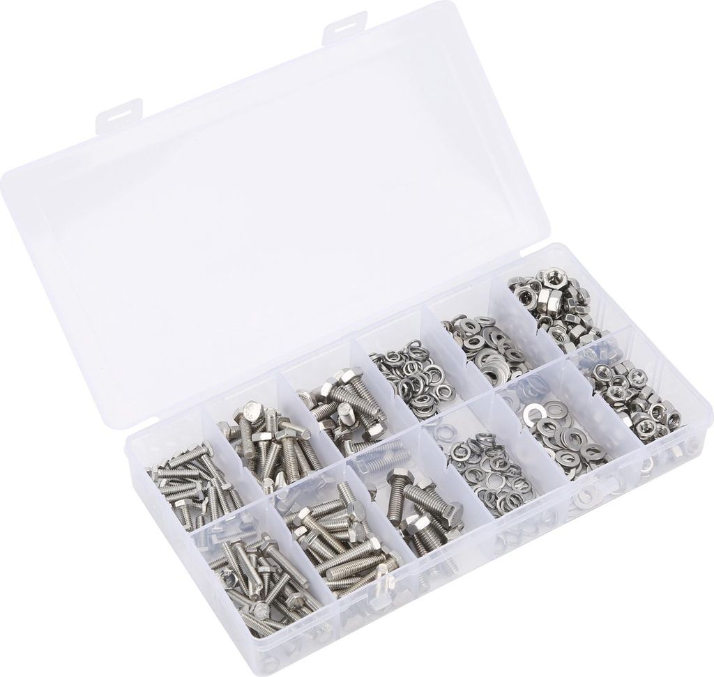 475-teiliges Sortiment an Sechskantschrauben, Muttern und Dichtungen aus Edelstahl 304 (M4/5/6) im Karton