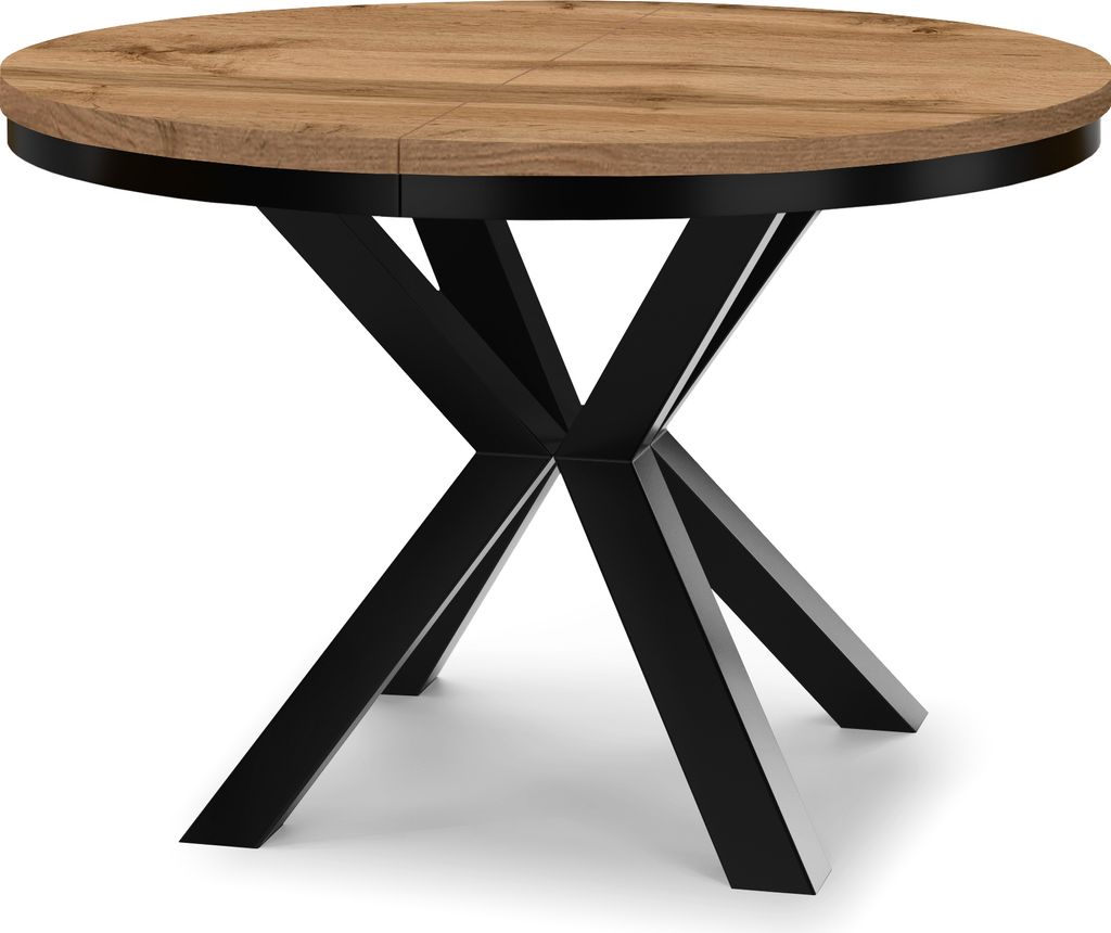 Runder Ausziehbarer Tisch für Esszimmer RAL mit Ring-Gestell, Loft-Stil, Industriel, Durchmesser: 90 / 190 cm, Farbe: Eiche Wotan / Schwarz