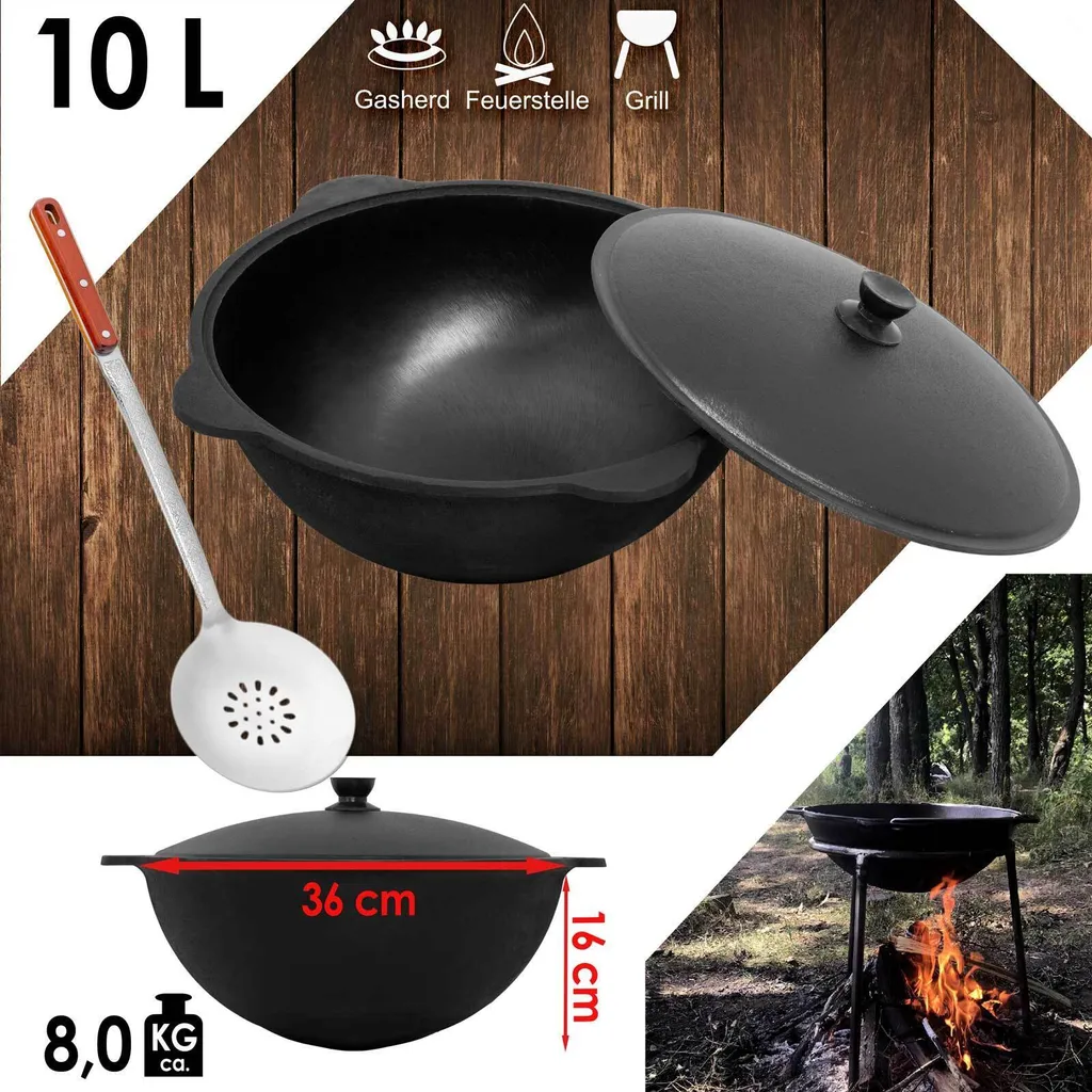 NAMANGAN rotondo in ghisa Kazan 10L con coperchio - pentola da campeggio, WOK, schiumarola, BBQ, cucina all'aperto