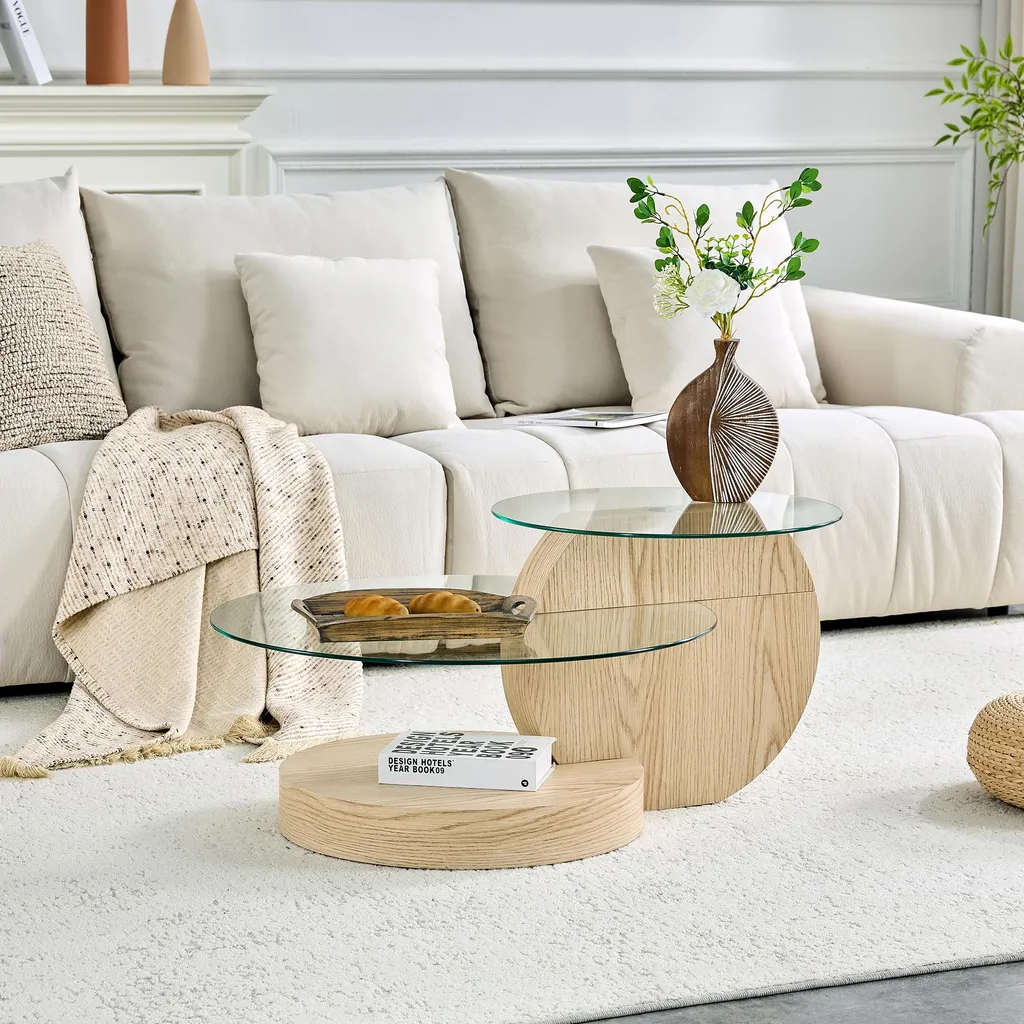 Table basse en verre de sécurité et MDF stable aspect bois clair