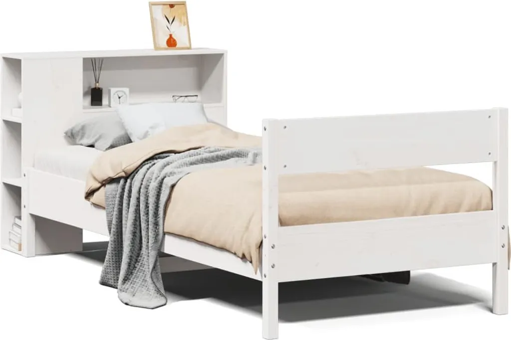Cadre de lit en bois massif blanc 75x190 cm avec tête de lit de rangement