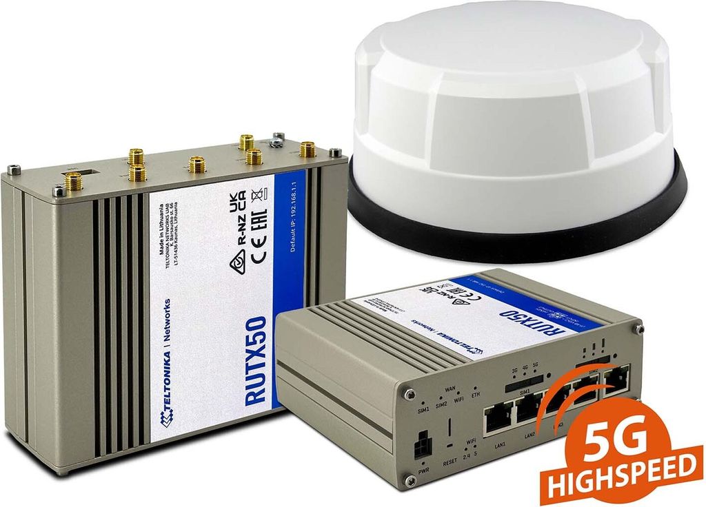 Teltonika RUTX50 mit Panorama Antenne weiß (4 x 5G/4G, 2 x WLAN, 1 x GPS, 1 m Kabel)