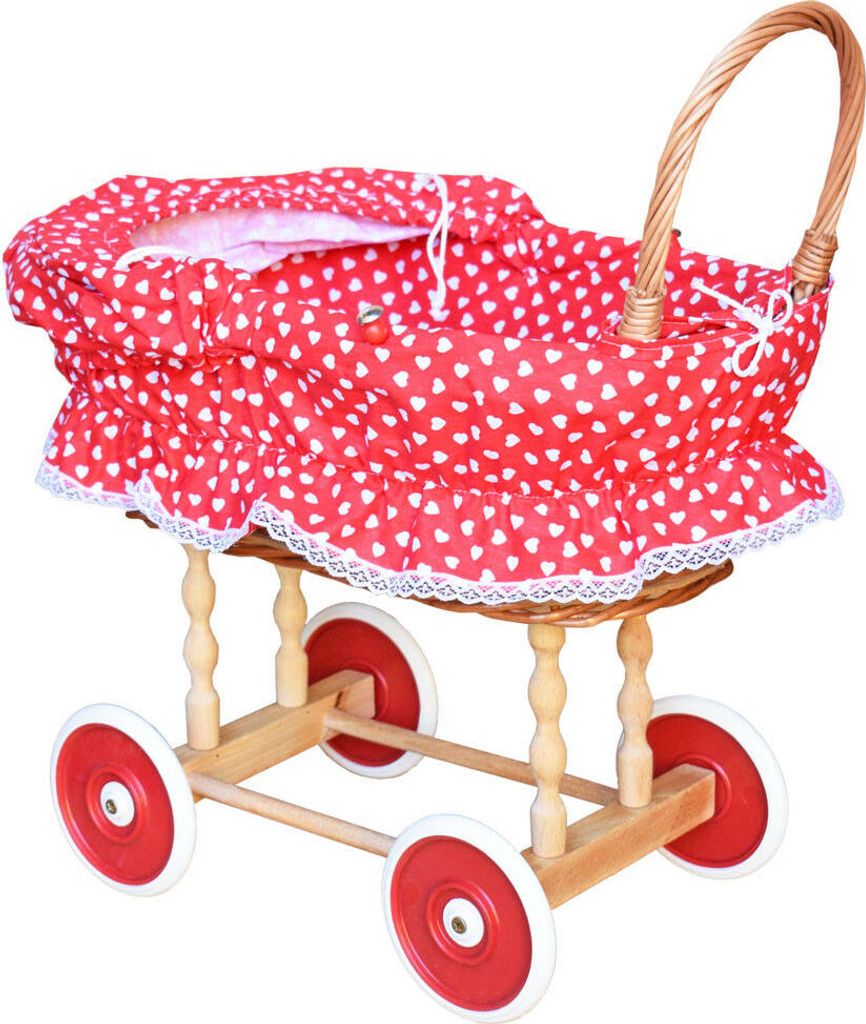 Puppenwagen aus Weide in Retro-Stil ROT MIT HERZCHEN Produktbild 3