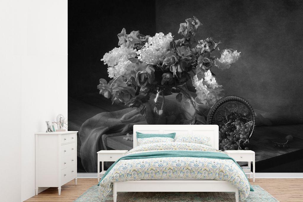 MuchoWow Fototapete für Wohnzimmer oder Schlafzimmer Wandtapete Vinyl Motivtapete Stilleben - Kirschen - Schwarz - Weiß - 360x260 cm - Wohnzimm...