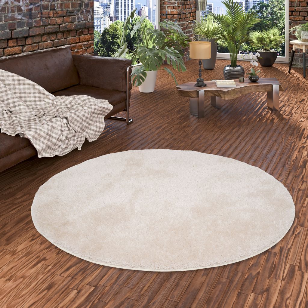 Luxus Hochflor Langflor Teppich Bilbao Beige Rund, Größe:100 cm Rund