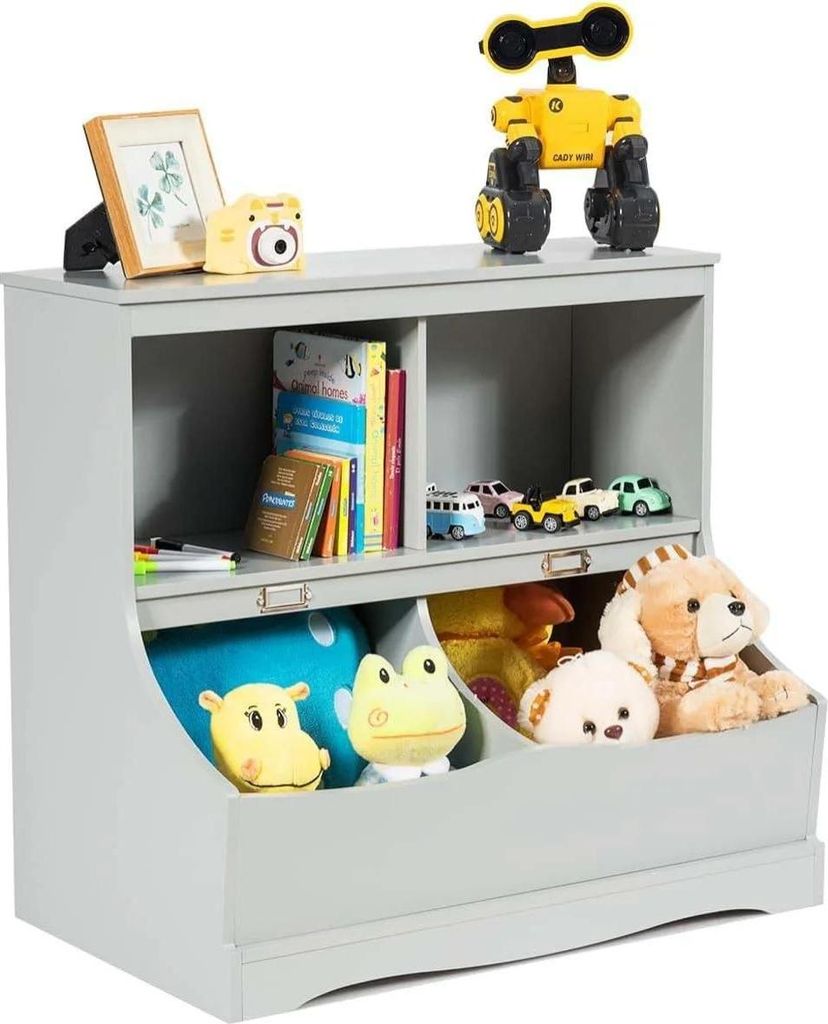Kinderregal - Spielzeug- und Bücherregal mit 4 Fächern - Für Kinderzimmer und Spielzimmer - 67 x 40 x 62 cm - Grau