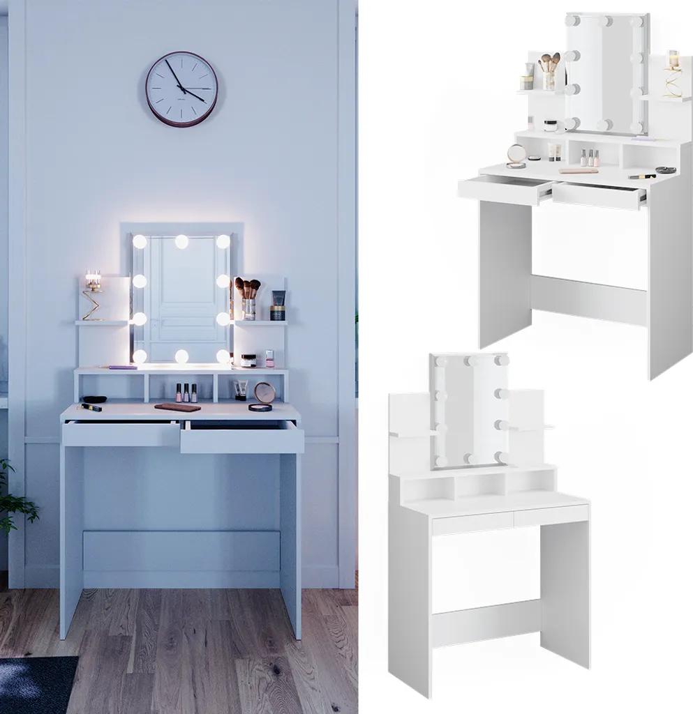 Coiffeuse pour Petite Chambre Vicco Ania 80cm avec Miroir LED Blanc - 2