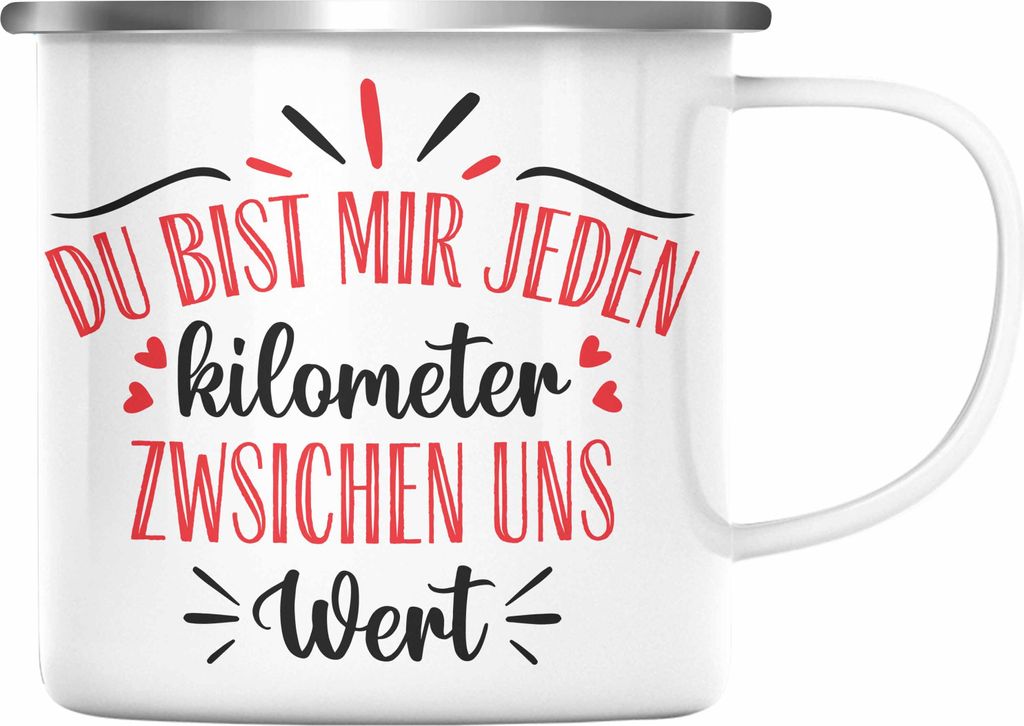 Trendation - Fernbeziehung Geschenk für Ihn Sie Emaille Tasse mit Spruch Valentinstag Geburtstag Geschenk Freund (Silber)