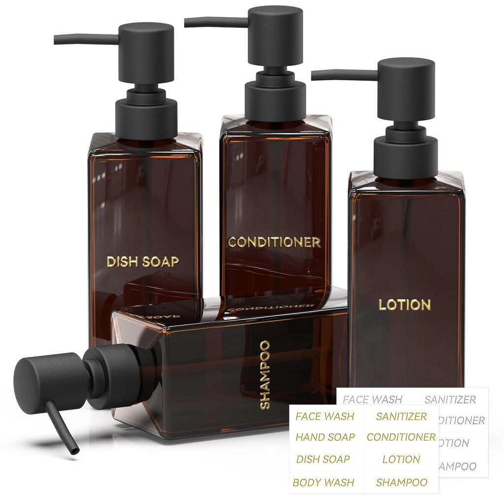 Set aus 4 braunen Seifenspendern, 350 ml Seifenspender aus Glas für Küche und Bad, moderne Spülmittelspender, nachfüllbare Shampooflaschen mit ...