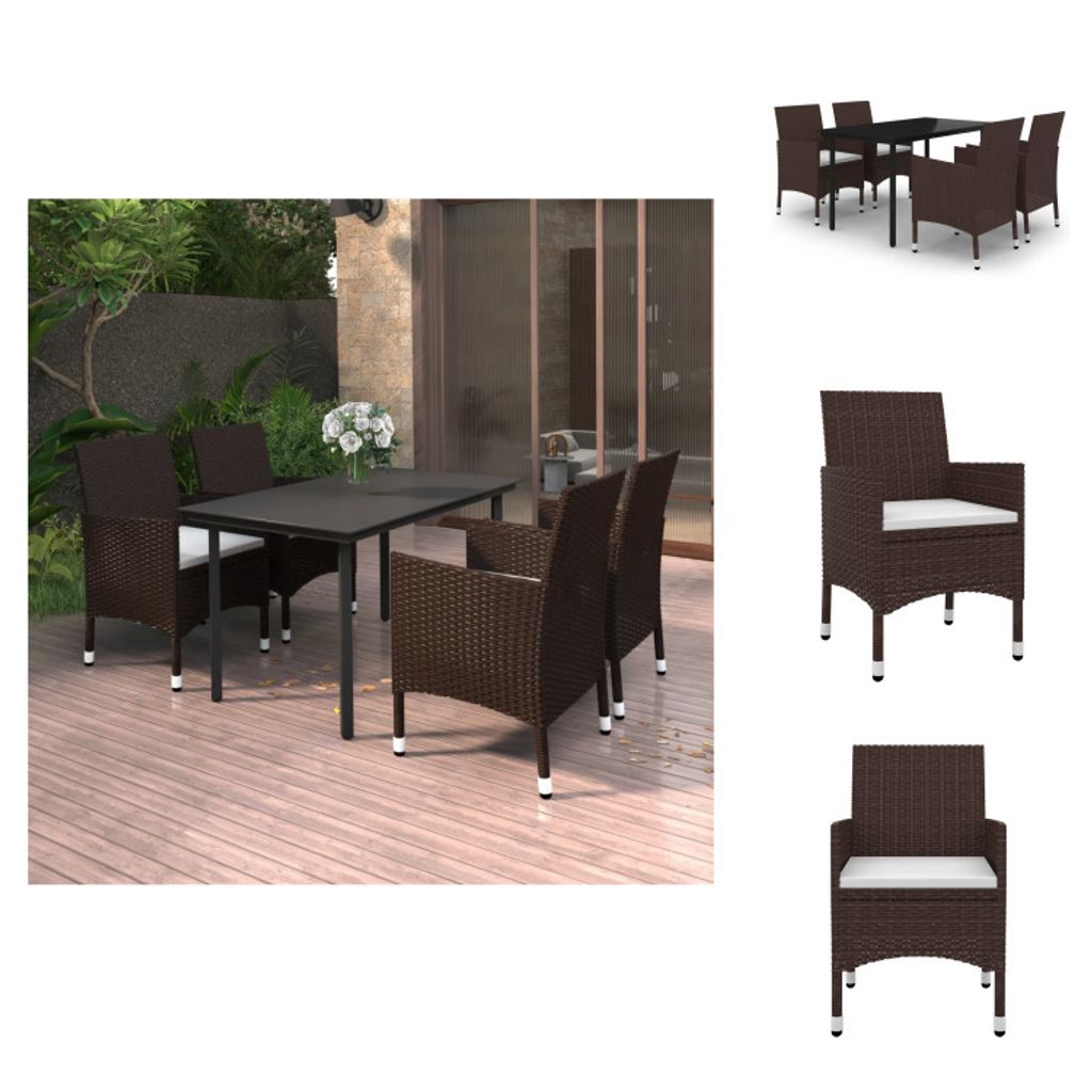 vidaXL 5-tlg. Garten-Essgruppe mit Auflagen Poly Rattan und Glas - Gartenmöbel-Sets