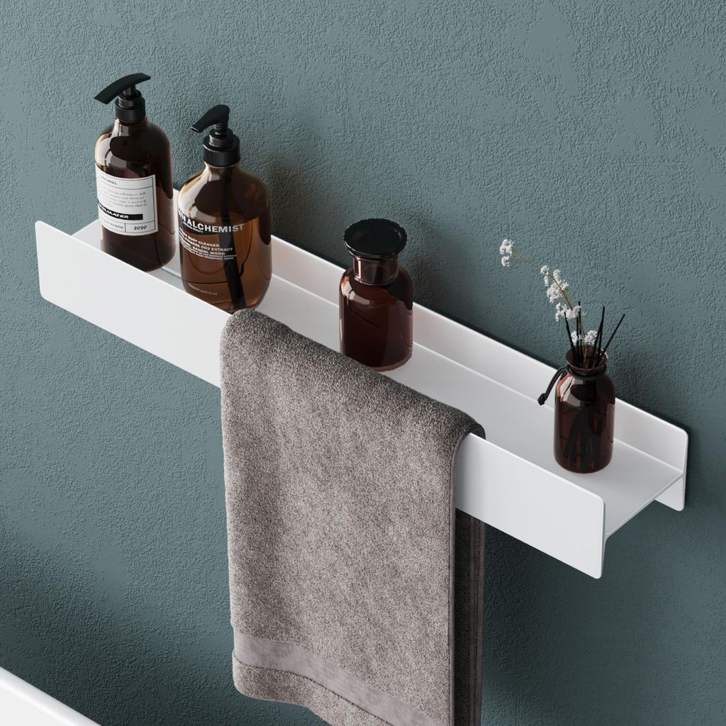Mai & Mai Duschablage zum Bohren oder Kleben Duschregal Badablage 60cm Badezimmerablage zur Wandmontage Badezimmer Organizer Matt weiß Reglo-03