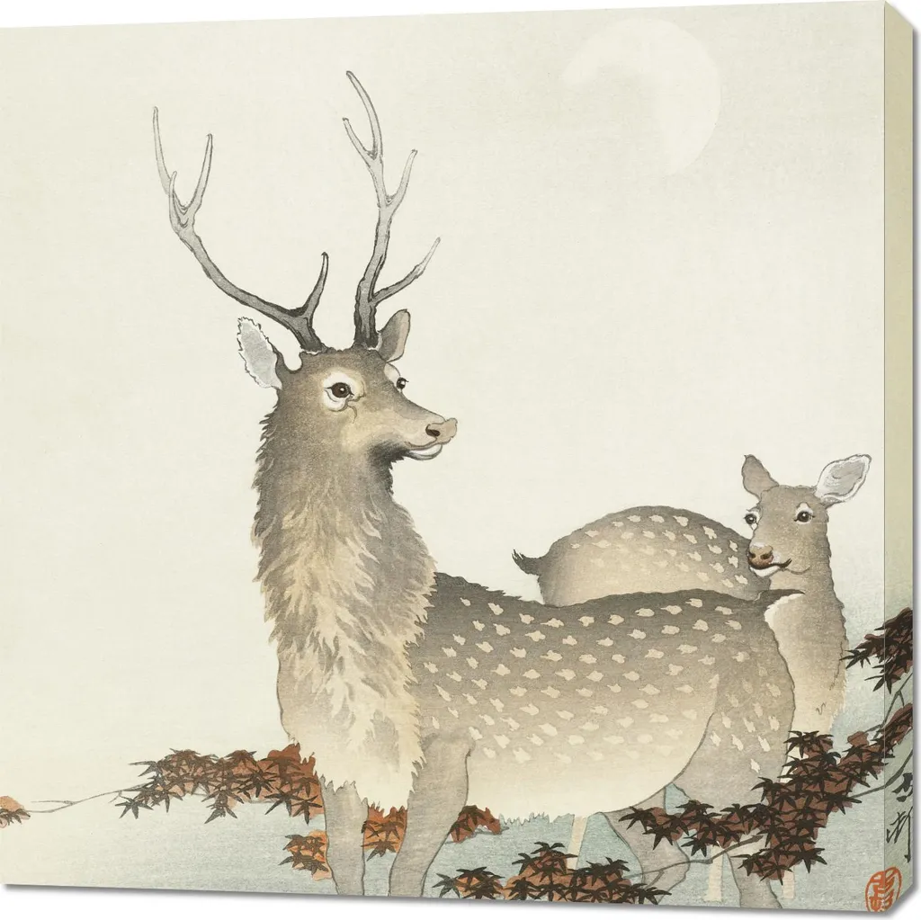 Tableau Japonais Carré 90 cm Ohara Koson Vintage Cerfs en Duo Zen