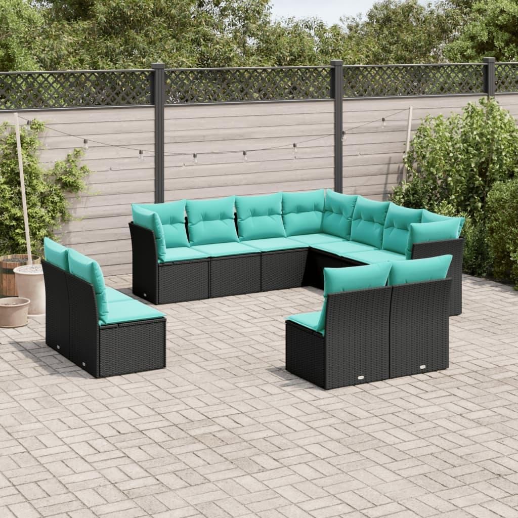 Maison Exclusive - 11-teiliges Gartensofa-Set mit Kissen, schwarzes Polyrattan