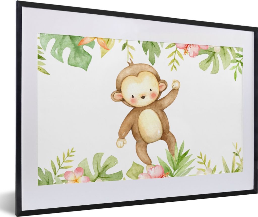 MuchoWow MuchoWow Gerahmtes Poster Affe - Dschungel - Aquarell 60x40 cm - Poster mit zchwarzem Bilderrahmen - Schlafzimmer - Plakat in Rahmen -...