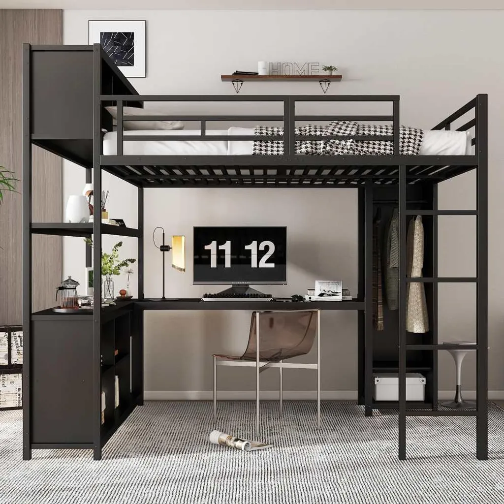 Lit surélevé noir 140x200 structure fer avec armoire de rangement intégrée - 6
