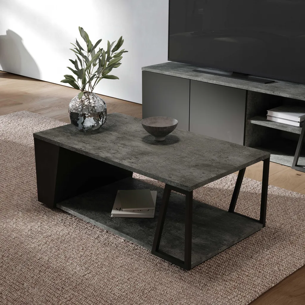 Table basse de salon rectangulaire décor béton et pieds noirs mats - 3