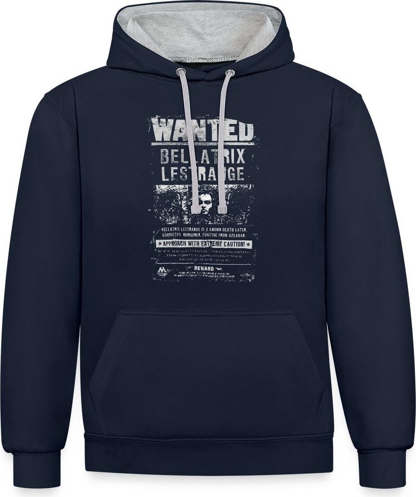 Spreadshirt Harry Potter Bellatrix Lestrange Wanted Poster Uni Kontrast Hoodie, XL, Navy/Grau meliert