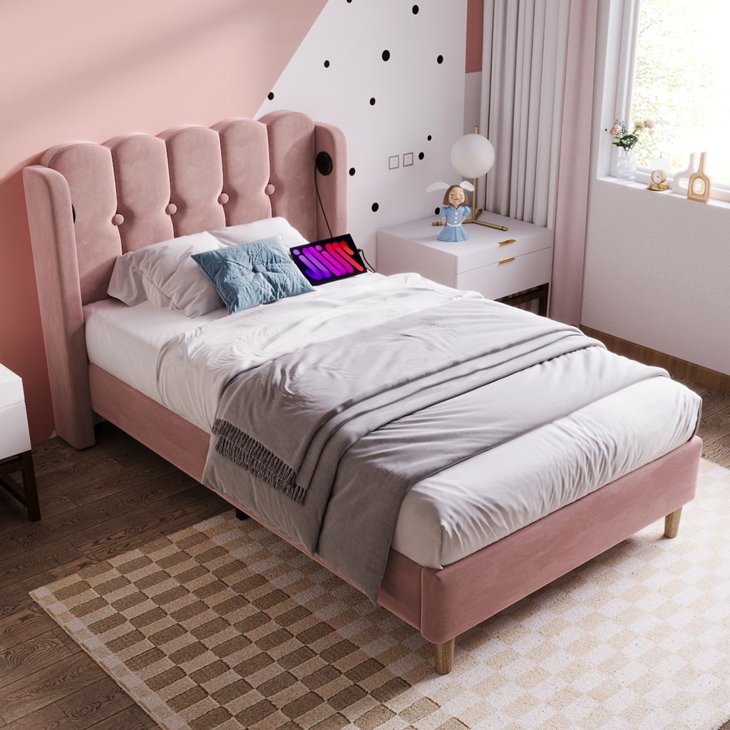 MODFU Polsterbett Funktionelles 90x200 cm mit USB Typ C Ladefunktion, Einzelbett Jugendbett mit Lattenrost, Samtstoff Rosa(Mit Matratze)