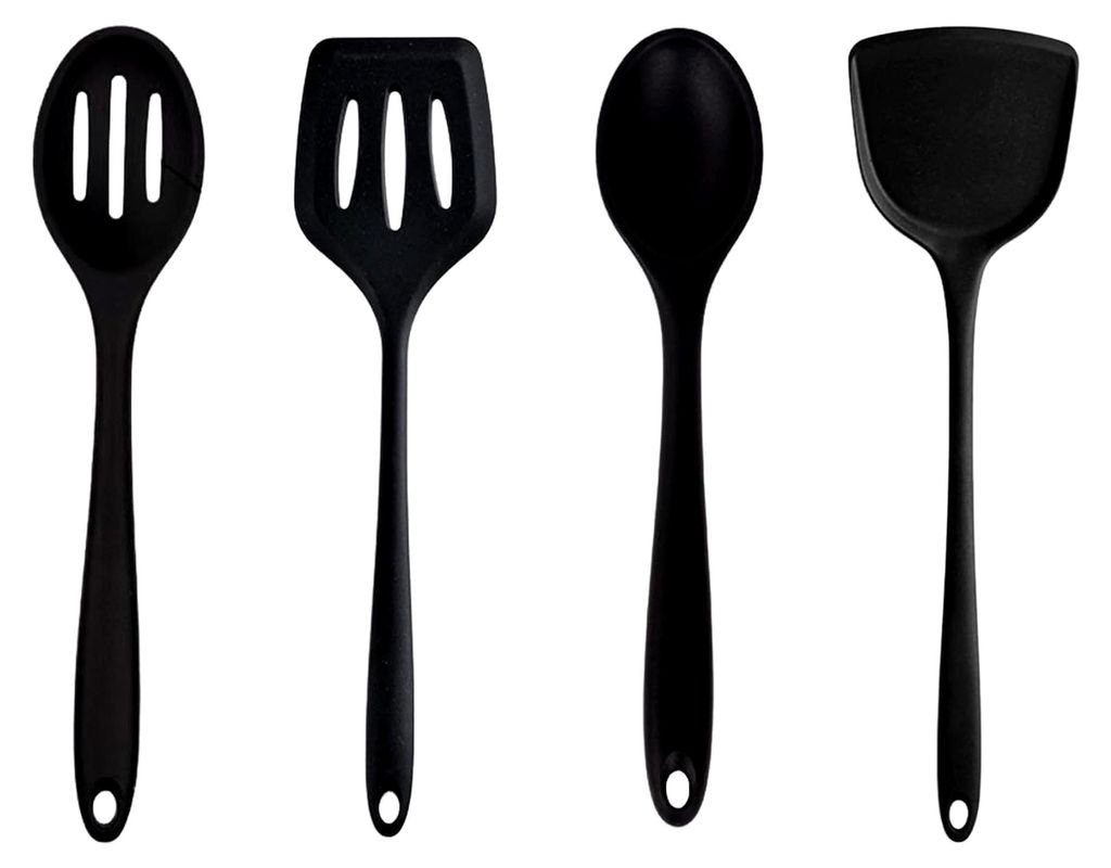 4 Stück Silikon Kochlöffel Set, Pfannenwender und Rührlöffel mit langem Griff, hitzebeständig und antihaftend