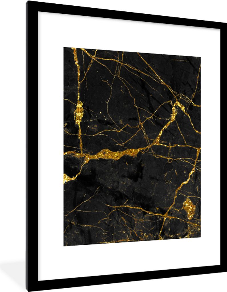 MuchoWow Gerahmtes Poster Marmor - Gold - Schwarz - Marmoroptik - Luxe - Glitzer 60x80 cm - Poster mit Schwarzem Bilderrahmen Wandposter Rahmen F...