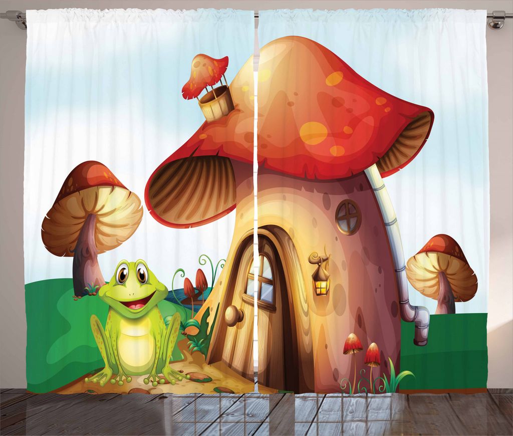 ABAKUHAUS Wald Rustikaler Vorhang, Cartoon Mushroom Häuser, Wohnzimmer Universalband Gardinen mit Schlaufen und Haken, 280 x 245 cm, Mehrfarbig