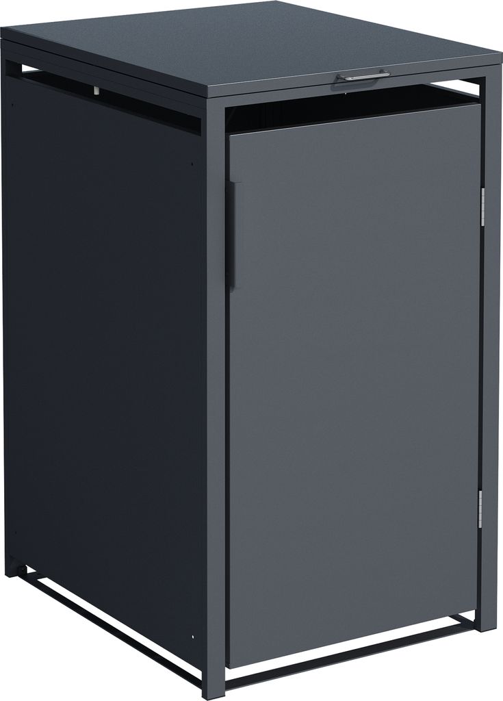 A dark gray trash bin enclosure with a door.