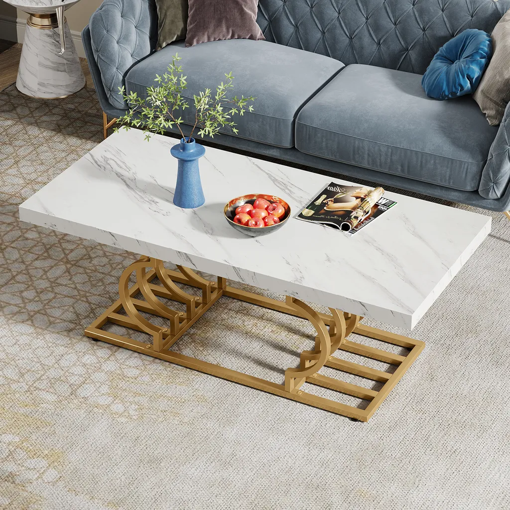 Table Basse Robuste Style Marbre Blanc Facile à Nettoyer Pieds Dorés