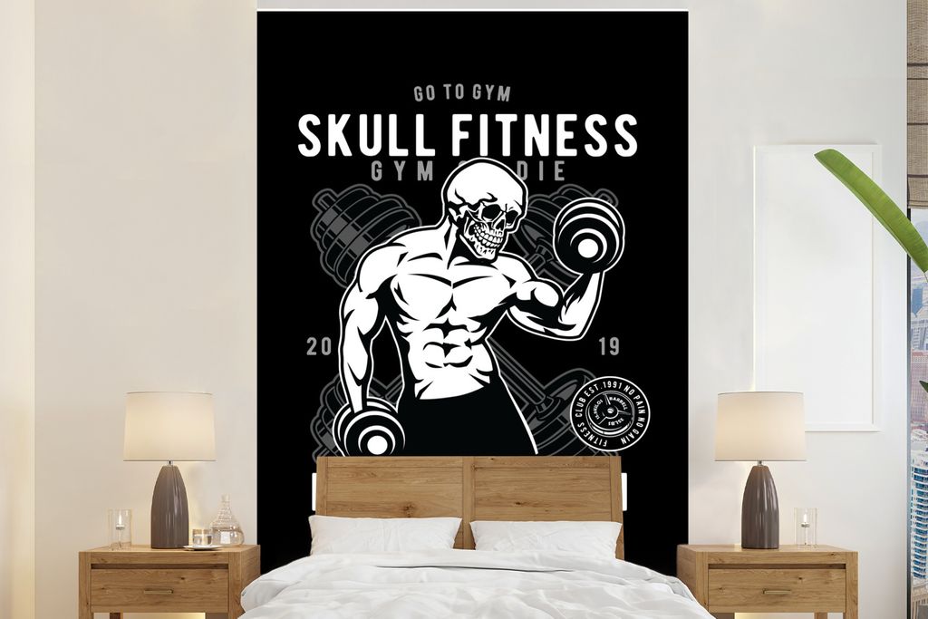 MuchoWow Fototapete für Wohnzimmer oder Schlafzimmer Wandtapete Vinyl Motivtapete Gewichte - Fitness - Skelett - Retro - 145x220 cm - Wanddekora...