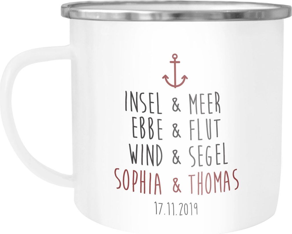personalisierte Emaille-Tasse mit eigenem Namen und Datum Anker Spruch Liebe Liebesgeschenke Hochzeitsgeschenk SpecialMe weiß-metall Emailletasse