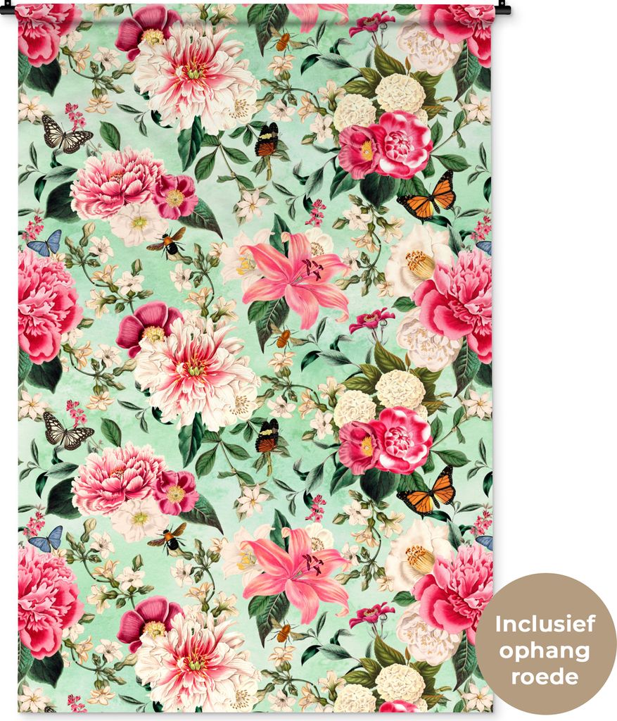 MuchoWow Wandteppich Wandbehang Blumen - Rosa - Schmetterling 120x180 cm Tapisserie Dekoration Wandtuch - Schlafzimmer - Dekorationen für das Haus